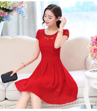 2016夏季新款女士裙子修身显瘦衣服夏装气质短袖大红色雪纺连衣裙
