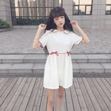 韩国ulzzang夏新款复古学院风软妹必备可爱蝴蝶结白色中腰连衣裙