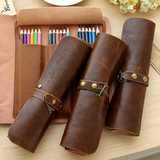 包邮娜小屋韩国创意复古皮质笔帘笔袋大容量卷笔袋简约学生文具盒