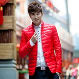 新款男士超轻薄红色羽绒服西服立领修身潮男外套青年男式韩版夹克