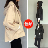 2016春装新款韩版纯色宽松短款拉链开衫蝙蝠袖连帽风衣外套学生女