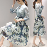 2016新款韩版时尚连衣裙春装中长款印花七分袖V领打底显瘦欧根纱