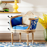 法式新古典美式乡村地中海复古实木做旧雕花蓝色布艺单人沙发圈椅