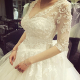 新娘婚纱礼服2015冬季拖尾韩式双肩一字肩V领大码长袖中袖齐地
