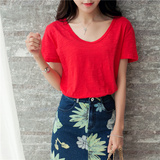 夏装新款韩版大红色白色宽松休闲 竹节棉V领短袖T恤女装体恤上衣