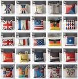 北欧英伦美式 英法美德国旗城市名迹 沙发靠垫棉麻抱枕腰枕头枕套