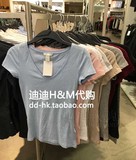 HM H＆M专柜正品代购女装修身弹力鸡心领V领短袖打底简约百搭T恤