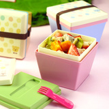可爱卡通水果沙拉盒 儿童便当盒 便携双层水果盒 保温盒 配叉子