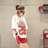 夏季韩版字母印花宽松白色T恤学院风休闲运动套装女夏短裤两件套