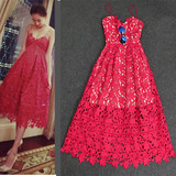 欧洲站夏季新款欧美红色性感蕾丝V领时尚吊带打底连衣裙长裙礼服