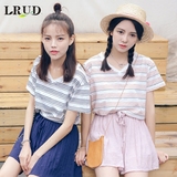 LRUD2016夏季新款韩版V领条纹短袖T恤女宽松显瘦百搭休闲打底衫