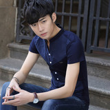 夏季青年短袖t恤男v领纯色修身潮流个性韩版半袖简约紧身立领体恤