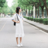 梭娘原创设计2016夏季新款白色麻粘连衣裙学院风清新女生裙子袍子