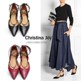 christina joy2016欧美新款真皮蛇纹平底凉鞋绑带尖头罗马鞋 女