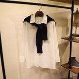 2016春夏新款韩版毛衣披肩休闲纯棉长袖白衬衫上衣两件套大码女装