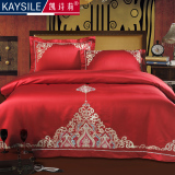 欧式全棉婚庆四件套大红色结婚床上用品床单被罩简约新婚刺绣床品