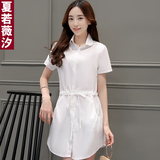 短袖衬衫女中长款2016夏季 韩范学院风修身白色衬衣 休闲女式寸衫