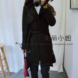 韩国单SZ 羊毛呢子翻领系带大衣外套女装西装下摆不规则呢大衣
