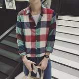 2016春季新款韩版男士格子衬衫青年休闲长袖衬衣韩版时尚棉麻寸衫