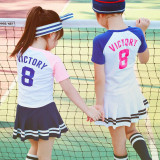 韩国女童夏装2016新款学院风纯棉短袖百褶条纹短裙裤运动两件套装