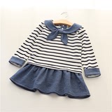 2016春装新款 外贸韩版 条纹水手服 学院风儿童女童长袖连衣裙子