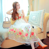 7003重工花朵刺绣网纱超级仙美无袖背心连衣裙优雅气质长裙