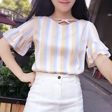 2016新款韩版小清新甜美喇叭袖上衣 学生棉麻竖条纹衬衫女夏短袖