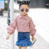 2016秋款女童衬衫长袖韩版品牌童装 纯棉格子儿童灯笼袖衬衫新款