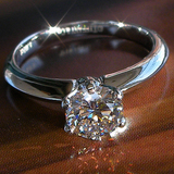 维蒂伦925银镀金戒指 女情侣对戒指环 克拉仿真钻戒 女戒指婚戒