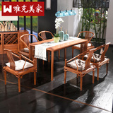 唯克美家明式红木家具 紫檀实木中式长方形雕花西餐桌椅子组合6人