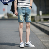 夏季男士牛仔裤男浅色短裤男直筒青年韩版修身五分破洞牛仔裤子潮