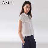 Amii[极简主义]雪纺衬衣女衬衫夏短袖立领纯色大码休闲OL雪纺衫