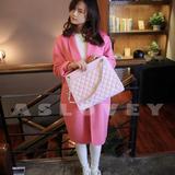 2016韩版粉色双面羊绒大衣女中长款显瘦茧型宽松毛呢外套韩国代购