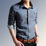 春季男士衬衫男长袖韩版青年修身型棉麻纯色牛仔衬衣商务时尚男装