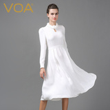 VOA白色皇后呢真丝连衣裙女装长袖修身桑蚕丝大摆裙A6358