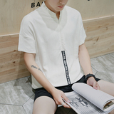 夏季休闲亚麻宽松短袖T恤男士加肥加大码韩版潮中袖立领棉麻男装