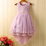 女童连衣裙儿童裙子夏蕾丝荷叶边夏季公主裙新款前短后长紫色白色