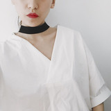 韩国chic风简约百搭气质大V领白色衬衫颈圈五分袖宽松衬衣女#C24
