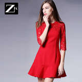 ZK女装2016春装新款红色圆领七分袖连衣裙蕾丝花边荷叶边裙公主裙