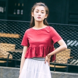 韩版夏季新款荷叶边T恤女圆领短款前短后长短袖收腰枣红色上衣女