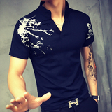 夏季韩版发型师带领T恤纹身衣服V领短袖男土t恤社会人鸡心领t血潮