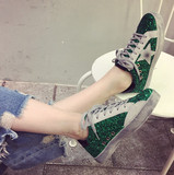 【包邮】韩国原单复古圆头彩色亮片系带休闲运动鞋星星时尚女鞋绿