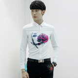 韩版修身型原创个性潮流3D数码印花长袖衬衫潮男时尚发型师衬衣
