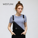 Westlink/西遇2016秋季新款 短袖打底衫弹力针织显瘦竖条纹女T恤