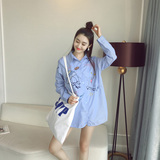 夏季新款韩版女BF风宽松中长款衬衫趣味刺绣单排扣长袖衬衣+C44