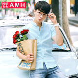 AMH男装韩版2016夏装新款潮男修身纯色亚麻短袖衬衫男QZ5063賽