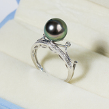 天然大溪地黑珍珠戒指 18k白金 时尚首饰 皇冠个性K金指环正品