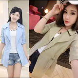 2016春夏新款女装韩版中长款纯色七分袖收腰风衣宽松外套开衫女