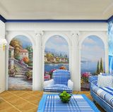 大型无缝3D壁画地中海欧式拱门油画风景 客厅电视背景墙纸壁布