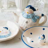 外贸家居装饰品点心盘零食碗碟创意立体可爱卡通陶瓷碗 雪人盘子